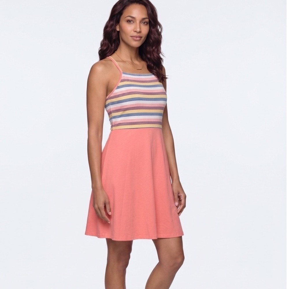 Pact Organic Cotton Striped Fit & Flare Dress Coral Pink XL Built-in Bra Pockets